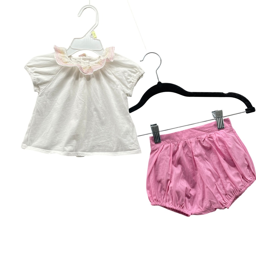 Chloe Baby Girls 6M 2 pc Bloomer Set Pink Shorts White Ruffle Top Logo Summer
